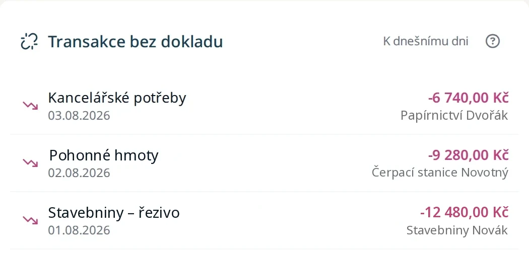 Transakce bez dokladu: tři výdaje z banky, ke kterým chybí doklad.