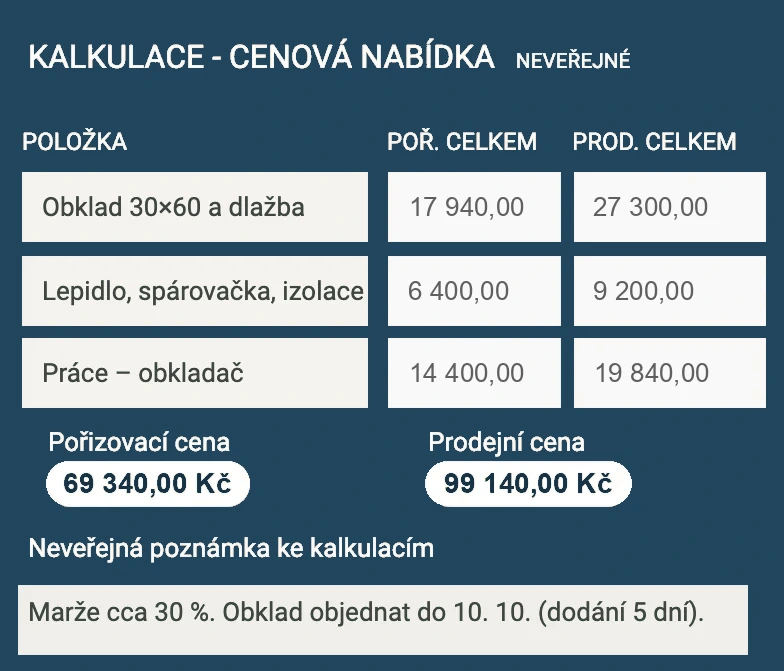 Neveřejná kalkulace v nabídce: pořizovací a prodejní cena položek, dodavatelé a poznámka o marži.